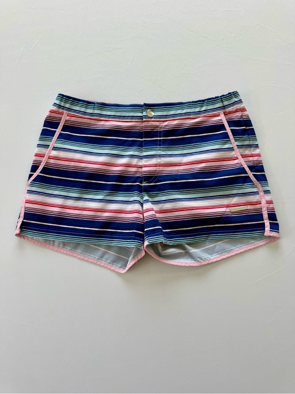 Parke & Ronen Multicolor Striped Swim Trunks in Navy, Pink, Blue & Green